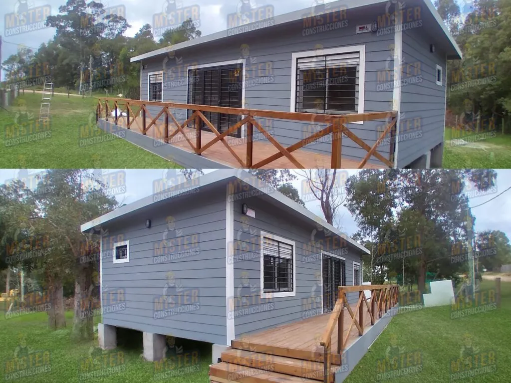 Fachada de casa contenedor con balcón de madera, ventanas con rejas y estructura elevada