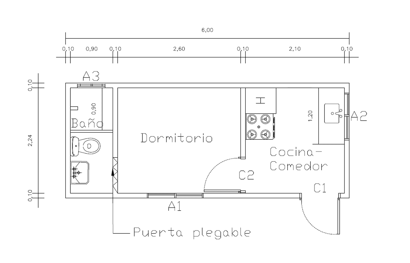 Plano de Casa Contenedor de 15 m² con 1 Dormitorio y Cocina-Comedor Integrado