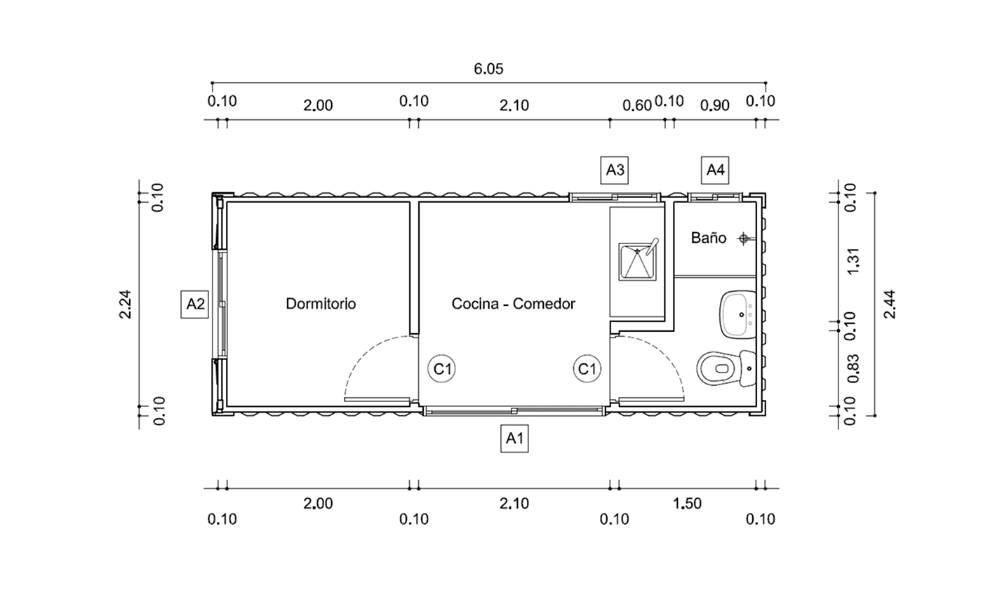 Plano de Casa Contenedor de 15 m² con Distribución Lineal y Baño Separado