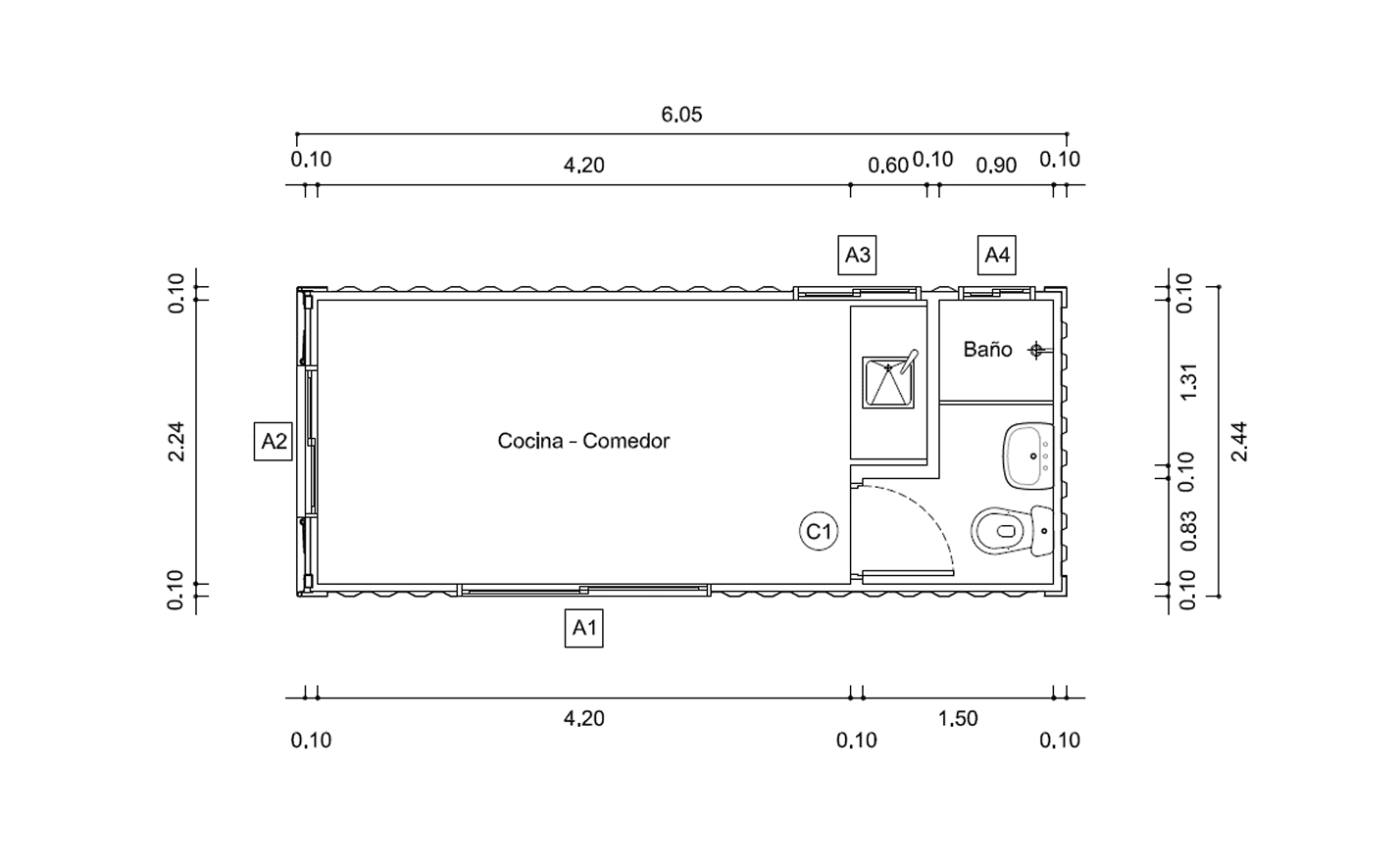 Plano de Casa Contenedor de 15 m² con Espacio Abierto y Baño