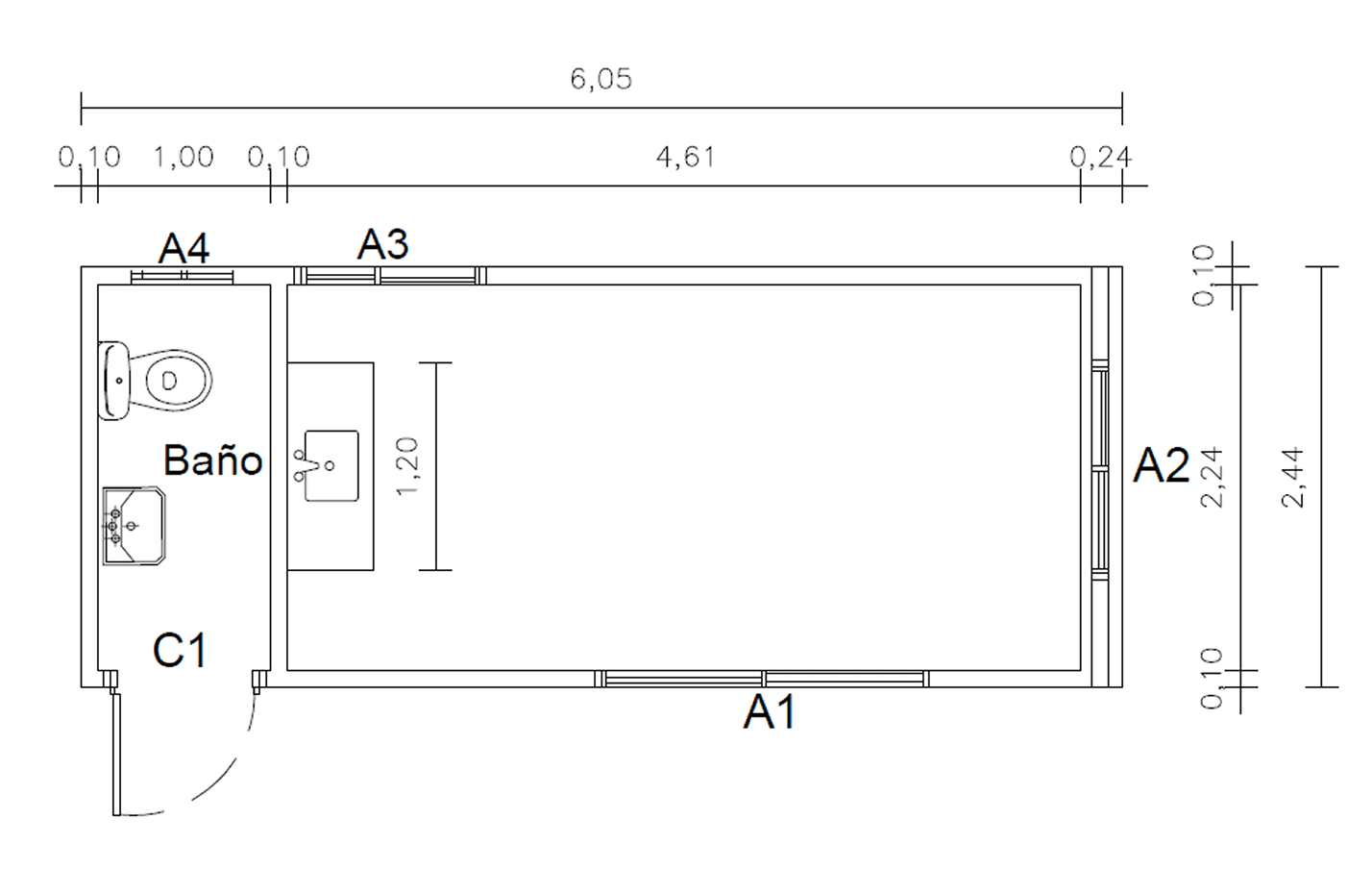 Plano de Contenedor de 15 m² con Baño y Espacio Versátil