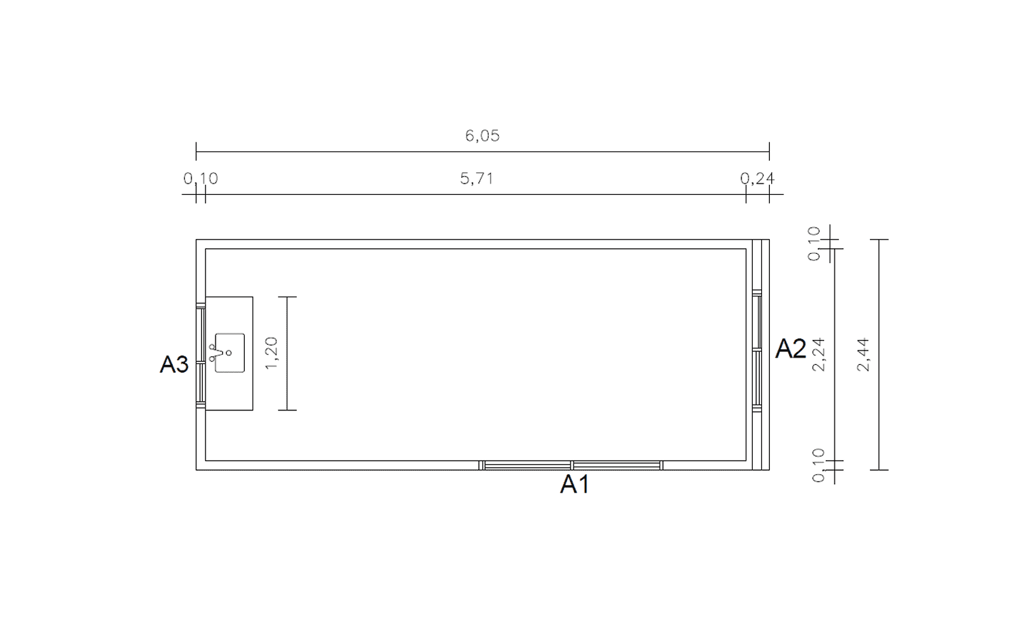 Plano de Contenedor de 15 m² con Lavamanos y Espacio Abierto