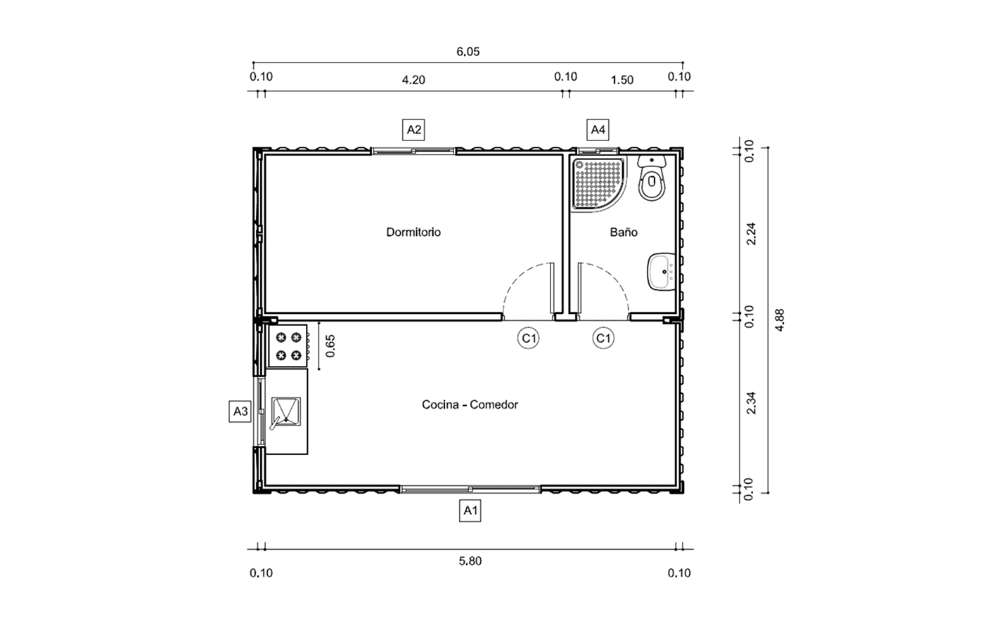 Plano de Casa Contenedor de 30 m² con Dormitorio Privado y Cocina-Comedor