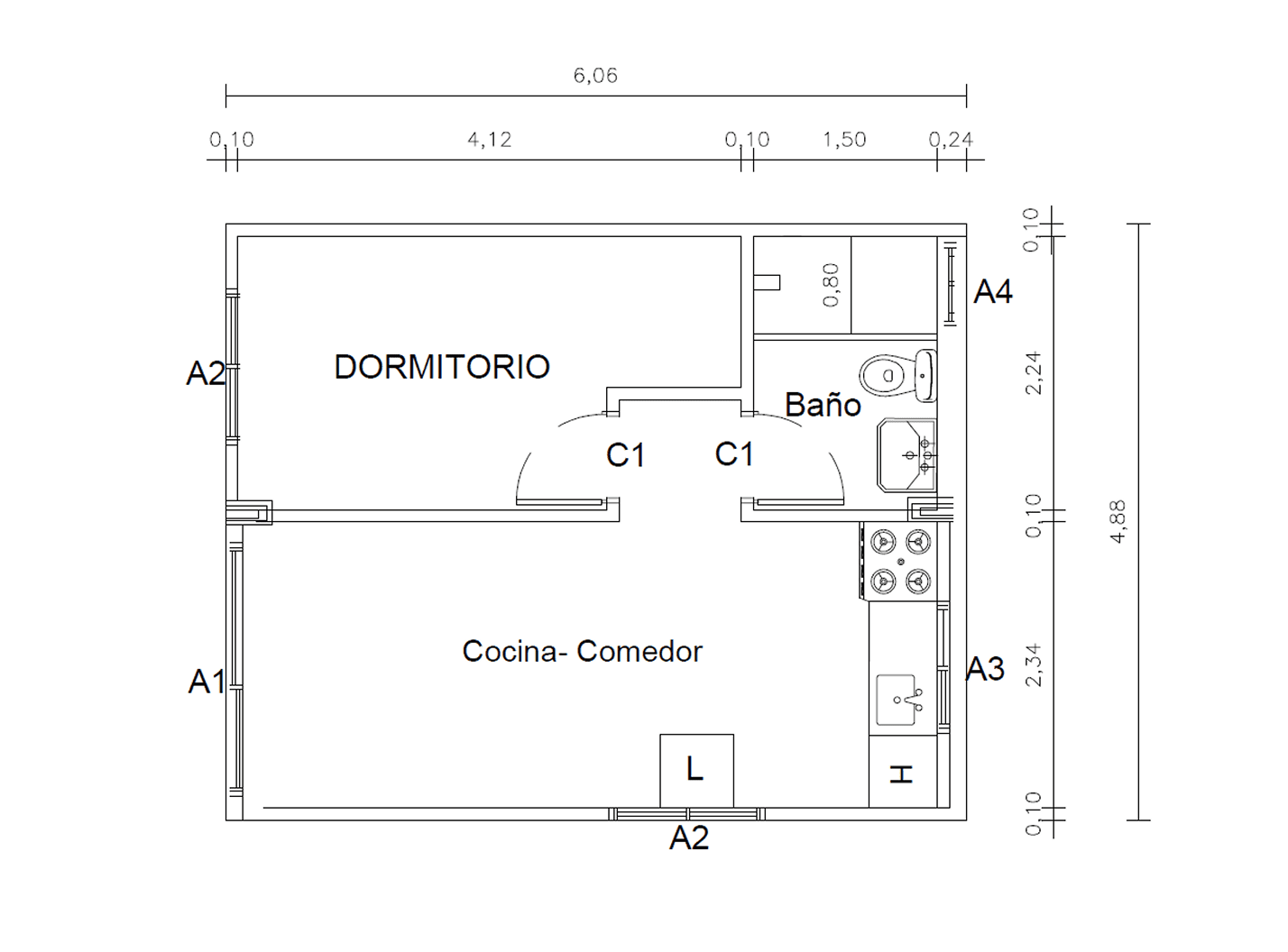 Plano de Casa Contenedor de 30 m² con Dormitorio Privado y Cocina-Comedor
