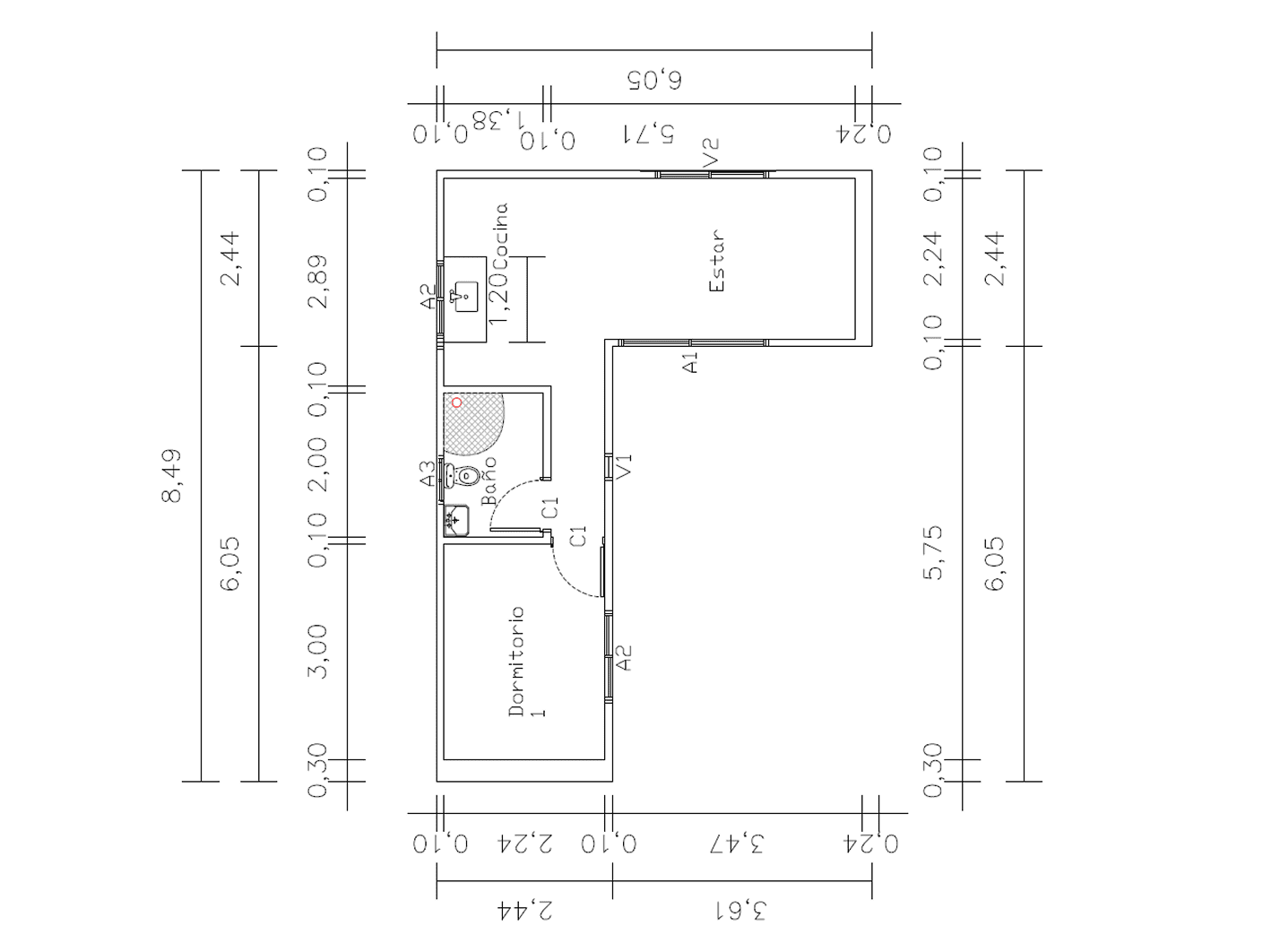 Plano de Casa Contenedor de 30 m² con Dormitorio Independiente y Living (Distribución en L)
