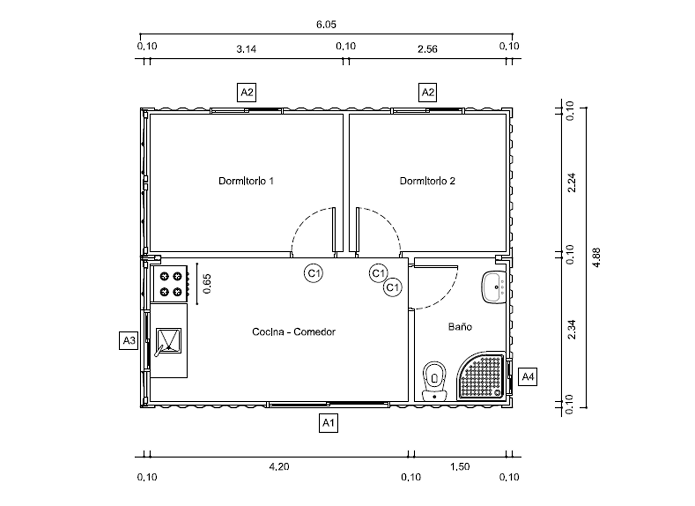 Plano de Casa Contenedor Compacta de 30 m² con 2 Dormitorios
