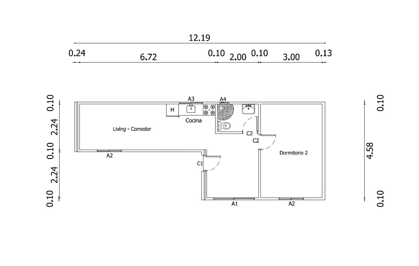 Plano de Casa Contenedor de 45 m² con 2 Dormitorios y Living-Comedor en L