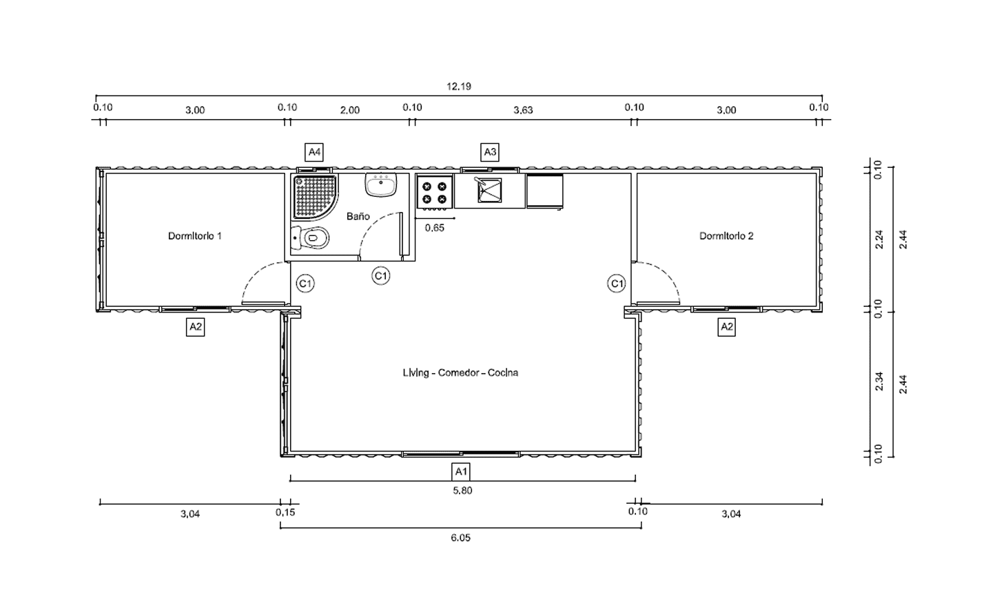 Plano de Casa Contenedor de 45 m² con 2 Dormitorios y Salón-Comedor