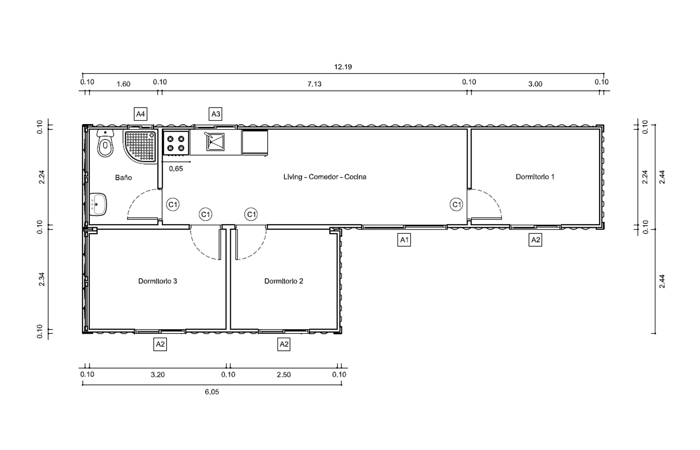 Plano de Casa Contenedor de 45 m² con 3 Dormitorios y Zona Social