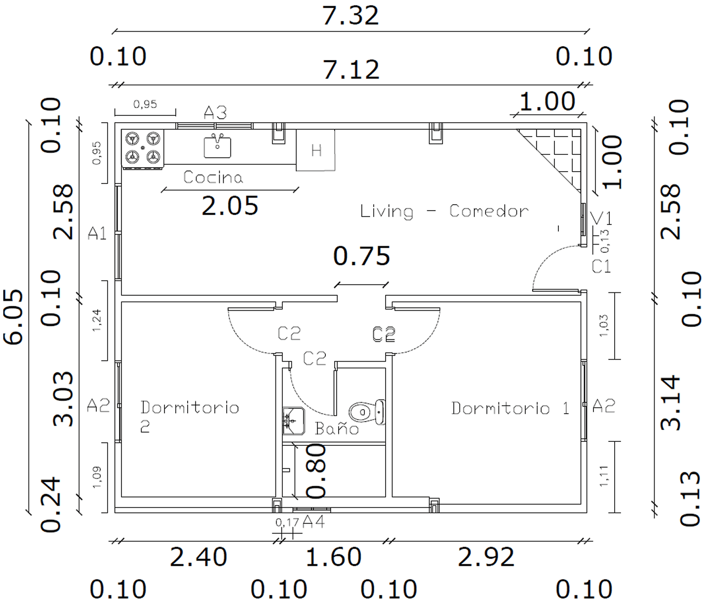 Plano de Casa Contenedor de 45 m² con 2 Dormitorios y Área Social