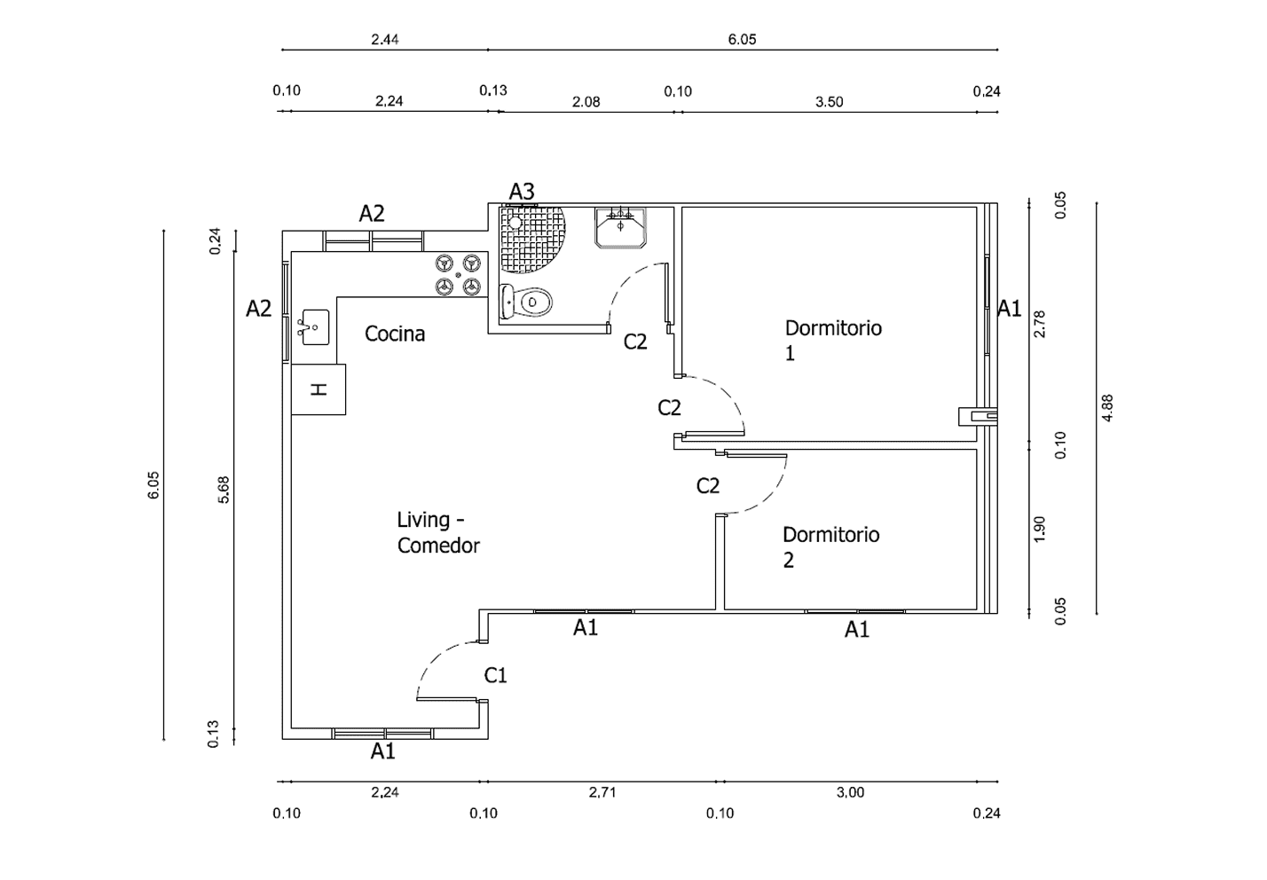 Plano de Casa Contenedor de 45 m² con 2 Dormitorios y Salón-Comedor