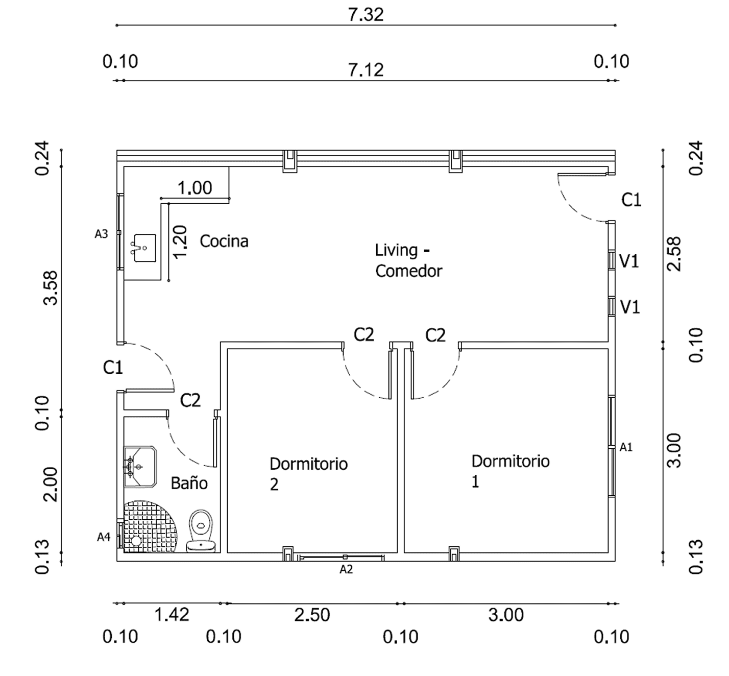 Plano de Casa Contenedor de 45 m² con 2 Dormitorios y Living-Comedor