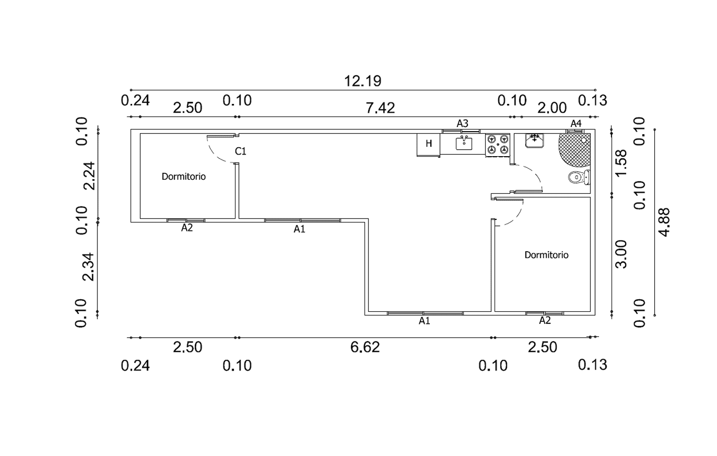 Plano de Casa Contenedor de 45 m² con 2 Dormitorios y Zona de Estar