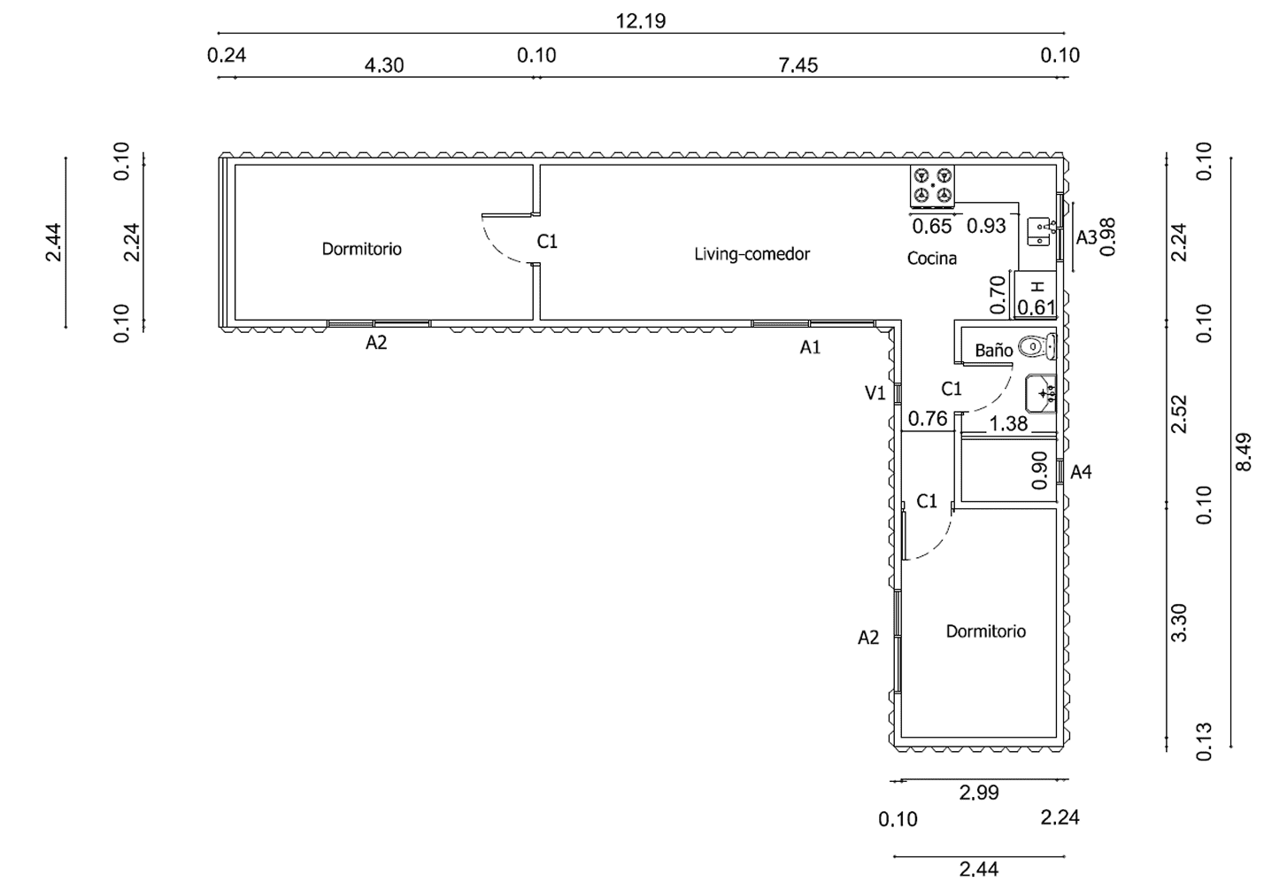 Plano de Casa Contenedor de 45 m² con 2 Dormitorios y Sala de Estar (Distribución en L)