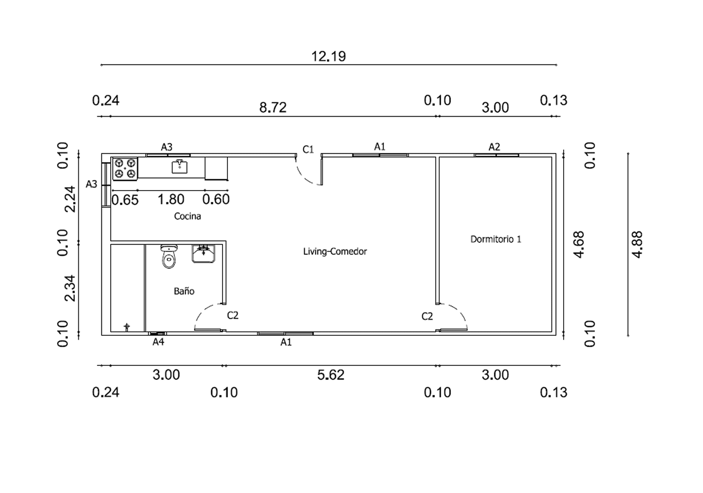 Plano de Casa Contenedor de 60 m² con Dormitorio Privado y Living-Comedor