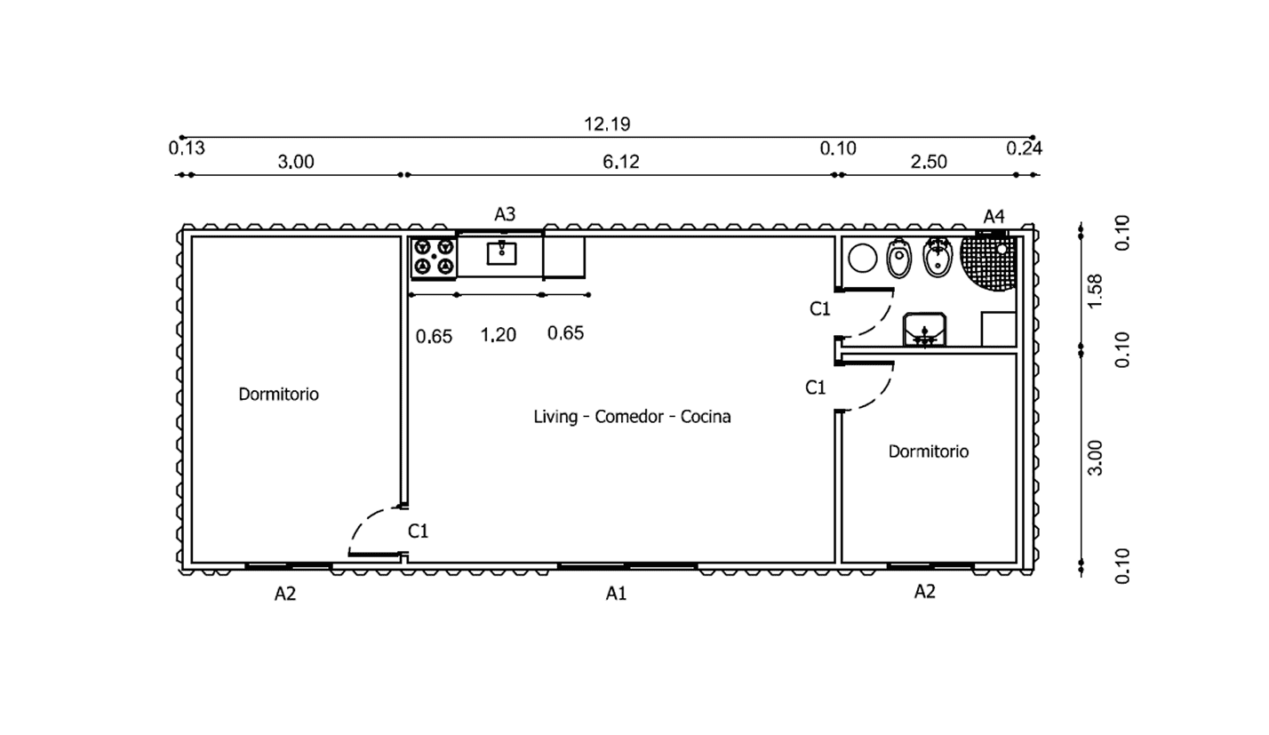 Plano de Casa Contenedor de 60 m² con Dormitorio Privado y Living-Comedor
