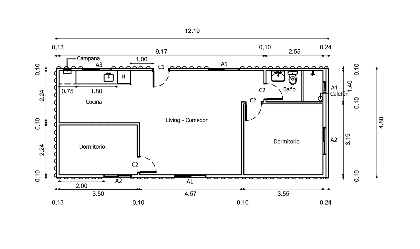 Plano de Casa Contenedor de 60 m² con 2 Dormitorios y Salón-Comedor