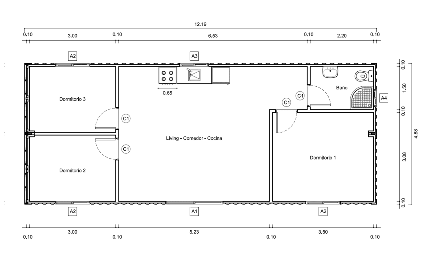 Plano de Casa Contenedor de 60 m² con 3 Dormitorios y Zona Social Central