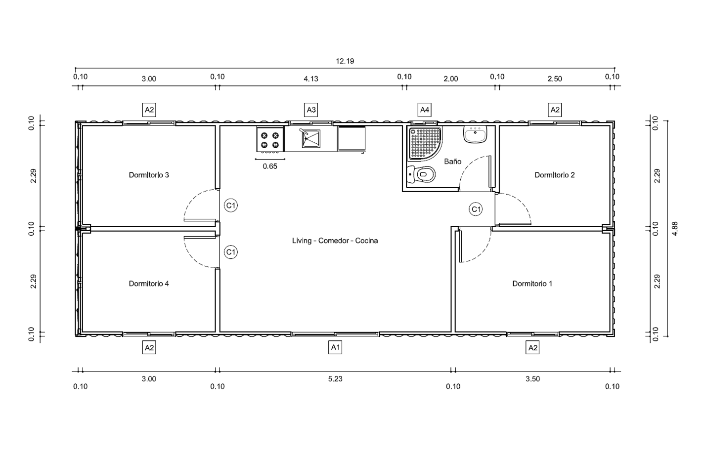 Plano de Casa Contenedor de 60 m² con 4 Dormitorios