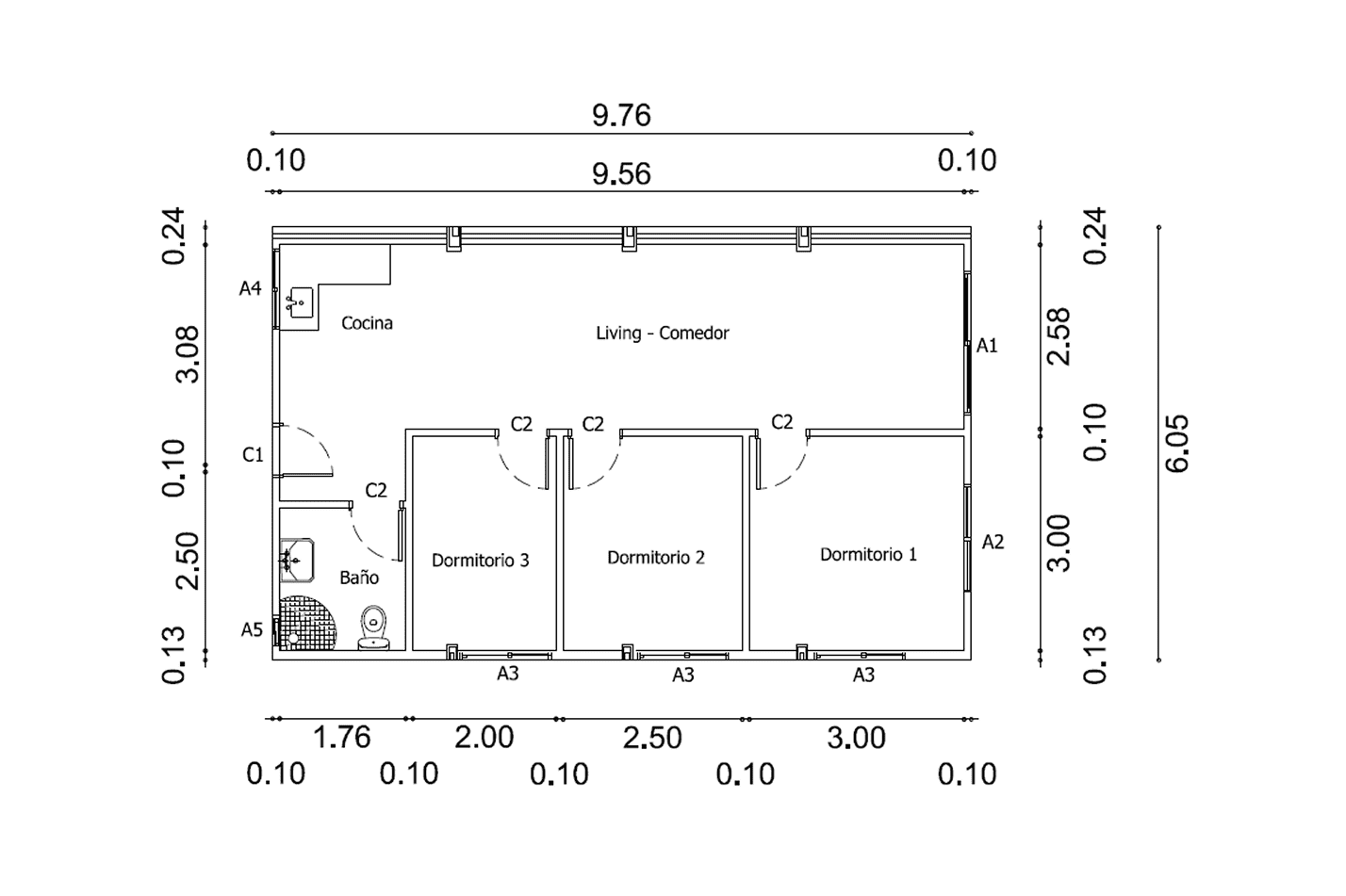 Plano de Casa Contenedor de 60 m² con 3 Dormitorios y Sala de Estar