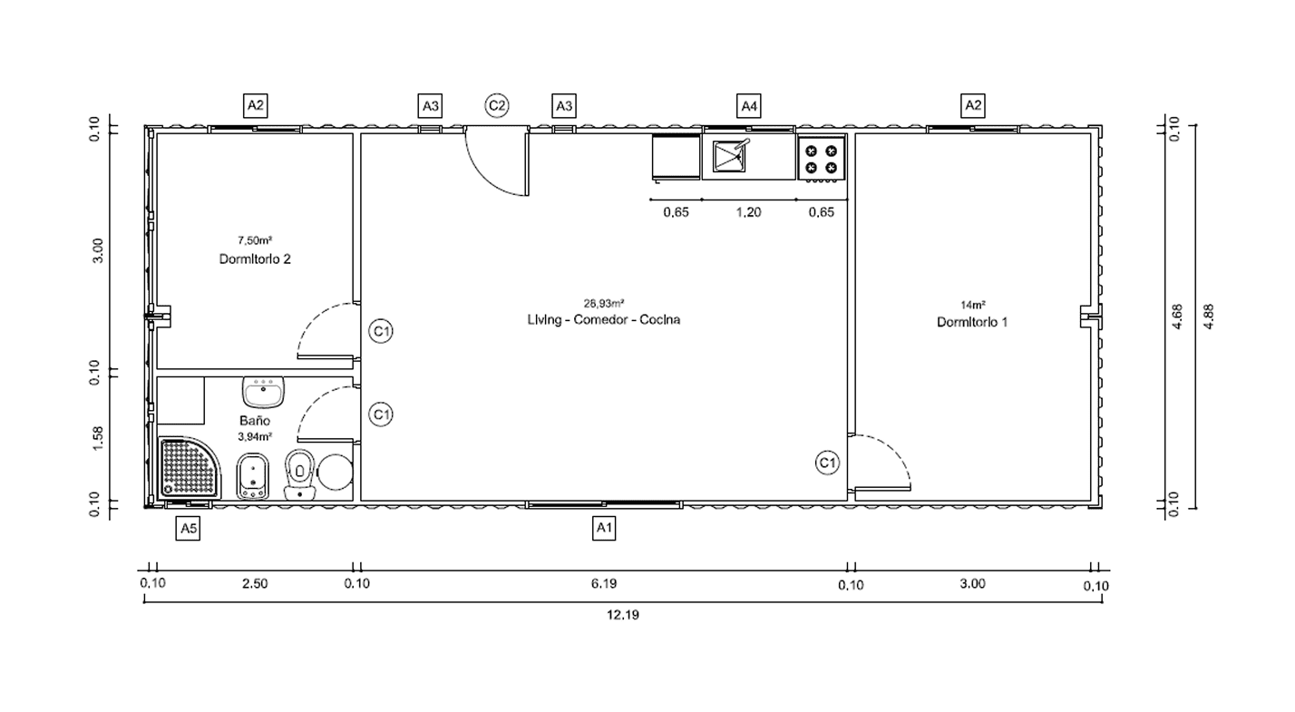 Plano de Casa Contenedor de 60 m² con 2 Dormitorios y Living-Comedor Amplio