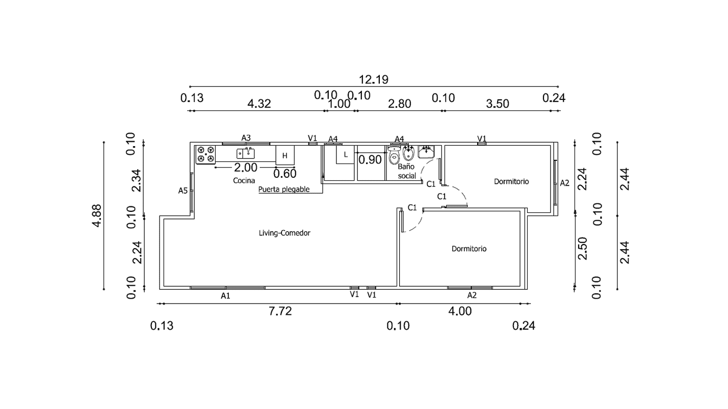 Plano de Casa Contenedor de 60 m² con 2 Dormitorios y Salón Central