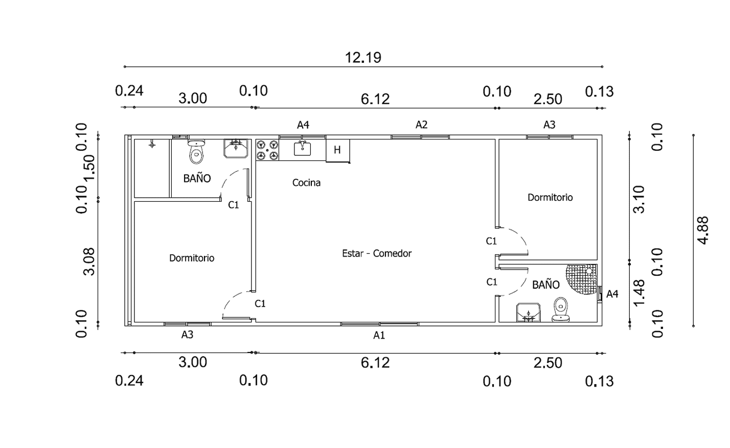 Plano de Casa Contenedor de 60 m² con 2 Dormitorios, Living-Comedor y 2 Baños