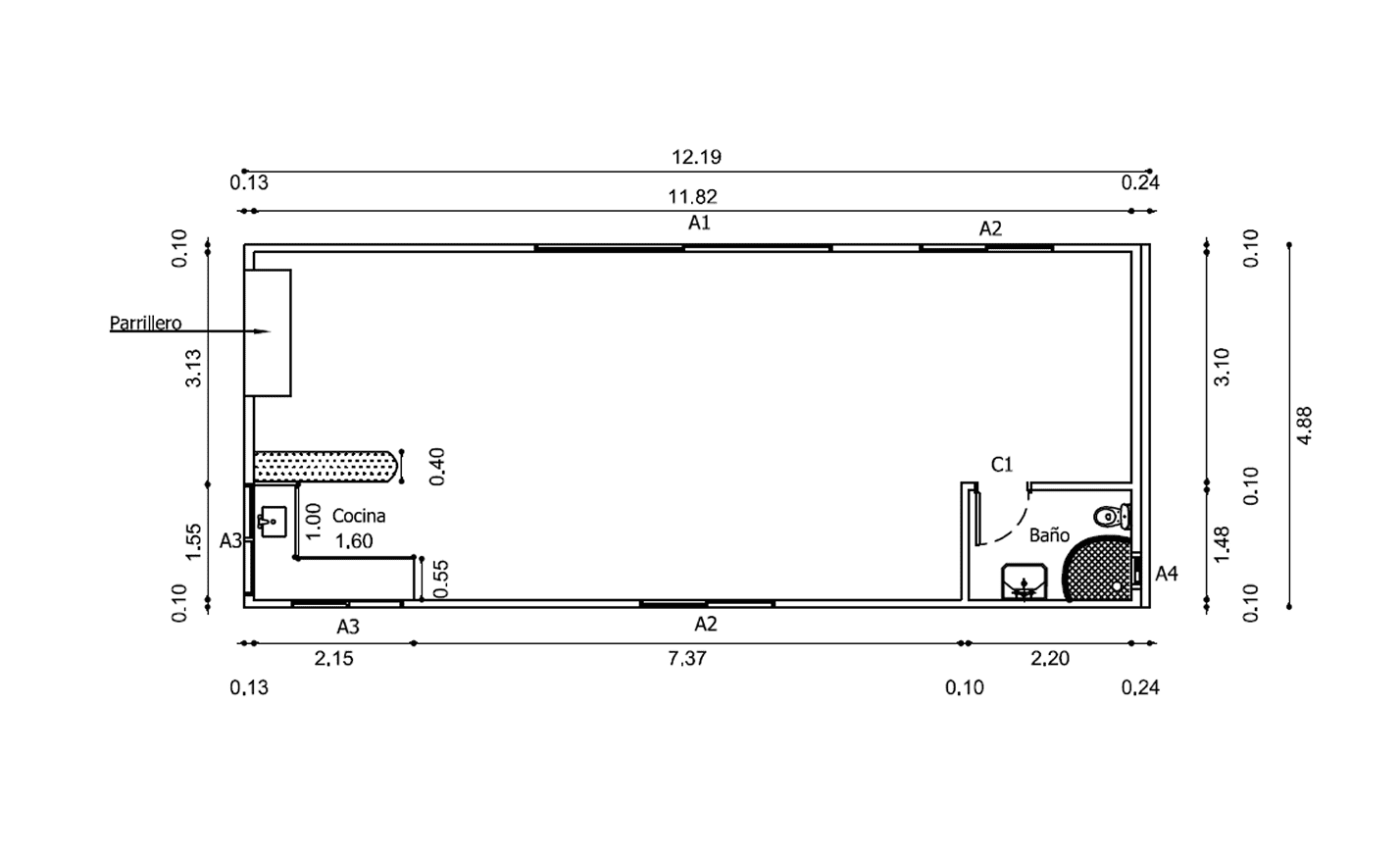 Plano de Casa Contenedor 60 m² — Espacio Social Amplio con Parrillero