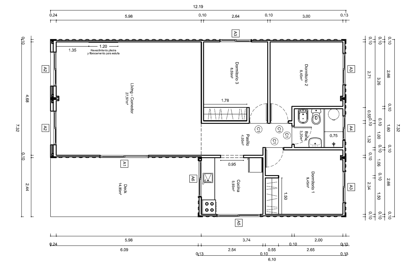 Plano de Casa Contenedor de 75 m² con 3 Dormitorios y Deck Frontal