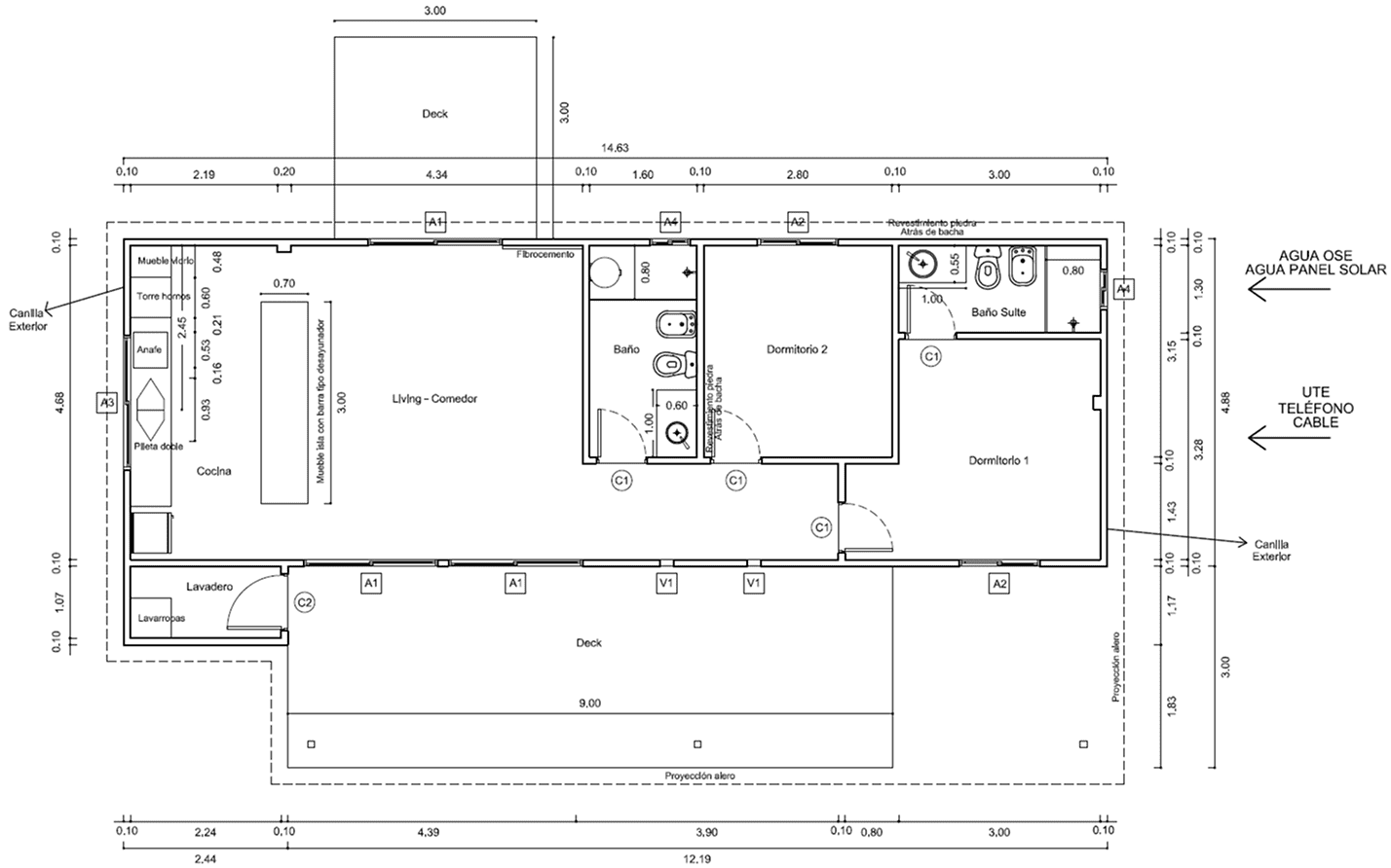 Plano de Casa Contenedor de 75 m² con 2 Dormitorios, Suite y Deck