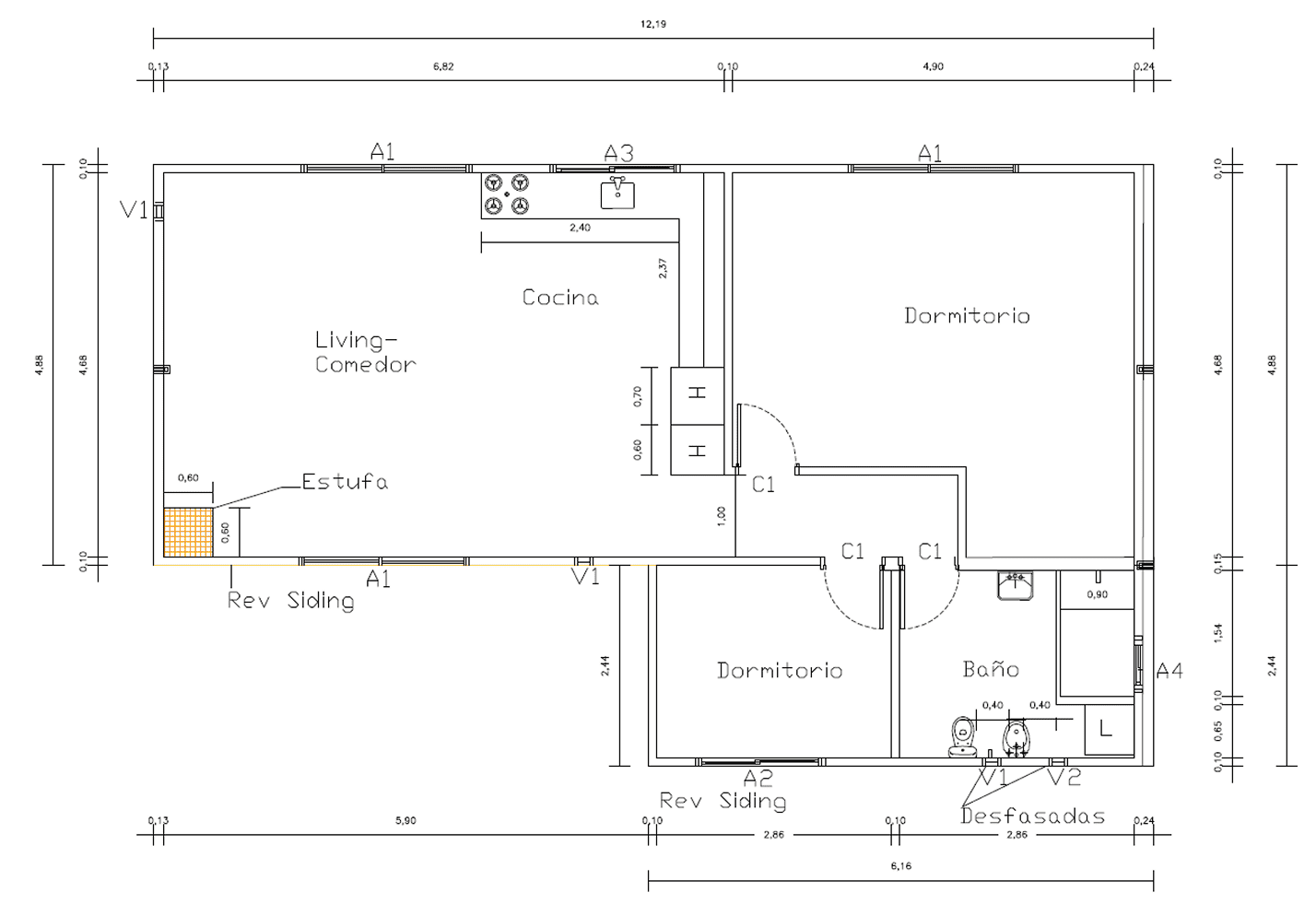 Plano de Casa Contenedor de 75 m² con Salón Amplio y Planta en L