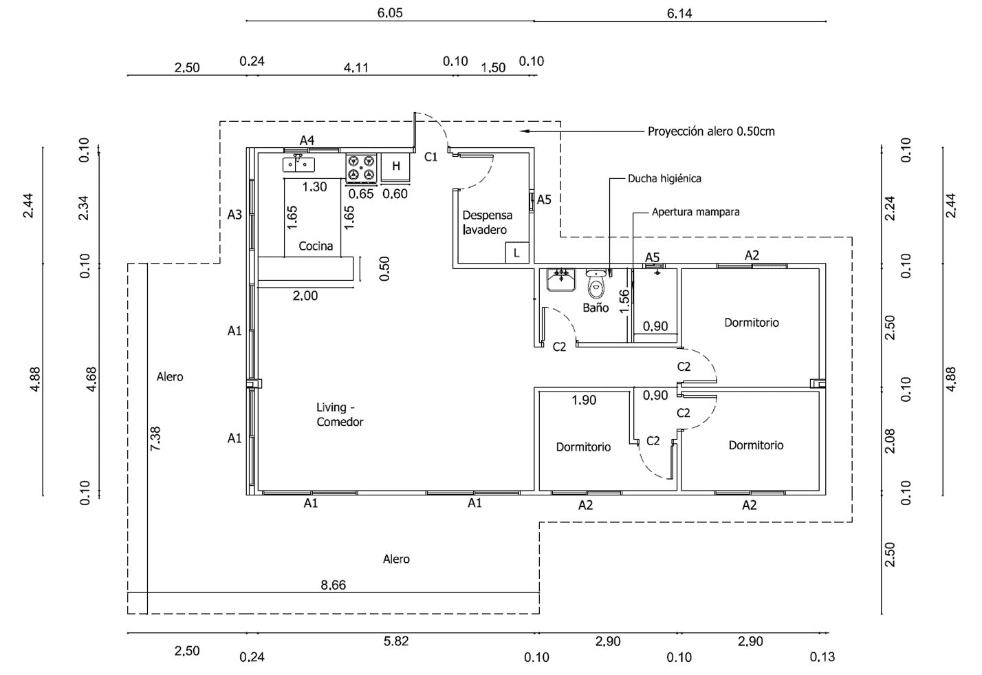 Plano de Casa Contenedor de 75 m² con Salón Amplio, 3 Dormitorios y Alero