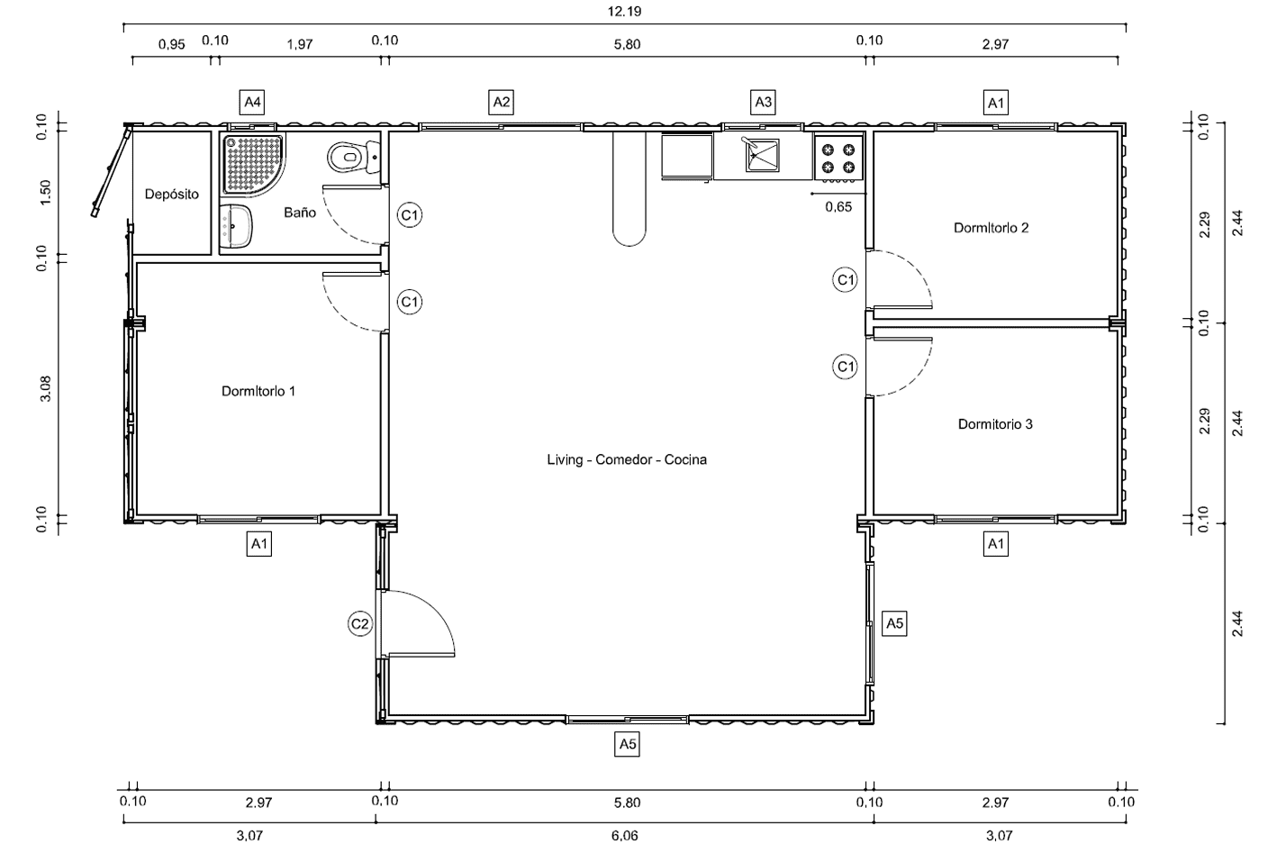 Plano de Casa Contenedor de 75 m² en T con 3 Dormitorios y Depósito